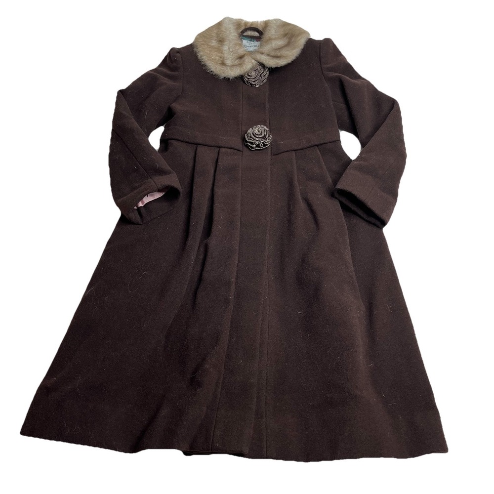 Rothschild Coat Girls 10 Brown Wool Blend Princess Swing Style Fur Collar Roses